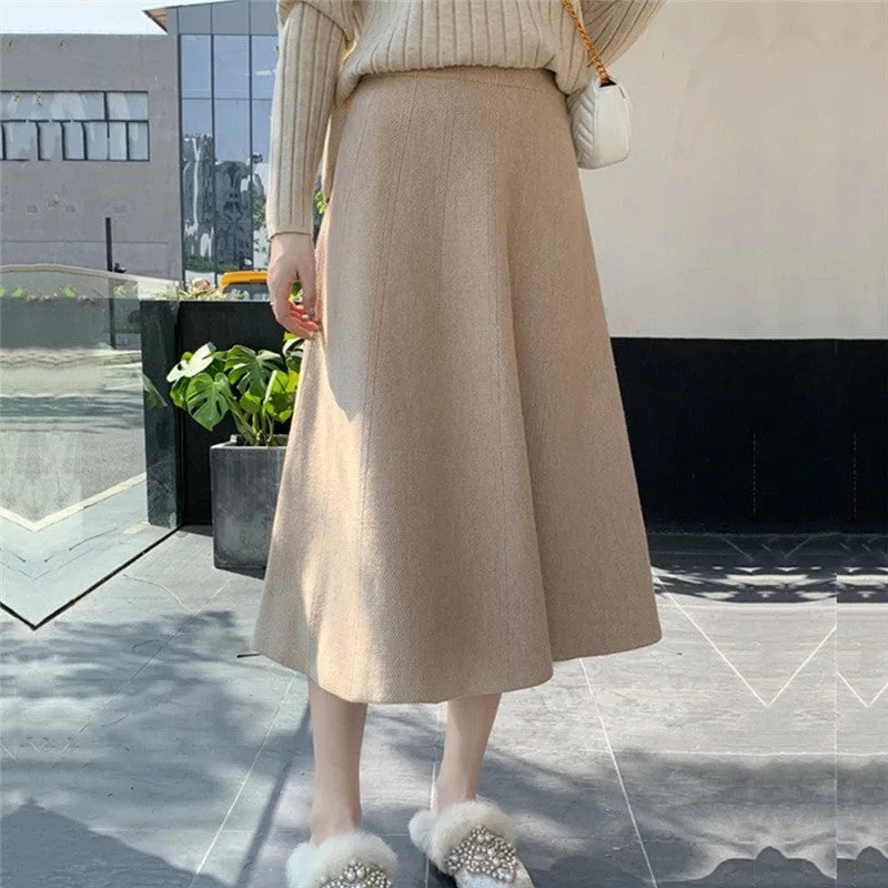 Solid Color High-Waisted A-Line Knit Midi Skirt