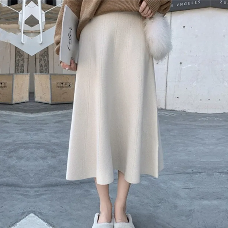 Solid Color High-Waisted A-Line Knit Midi Skirt