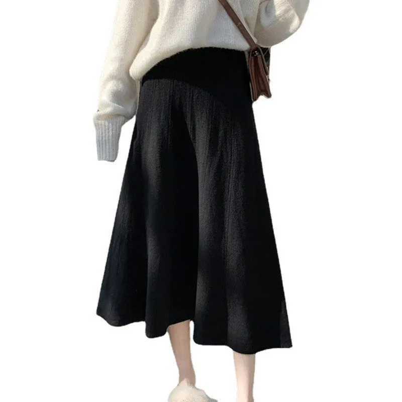 Solid Color High-Waisted A-Line Knit Midi Skirt