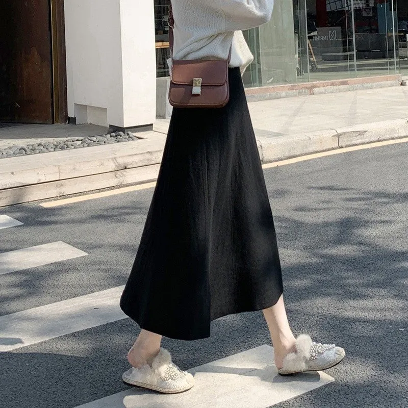 Solid Color High-Waisted A-Line Knit Midi Skirt