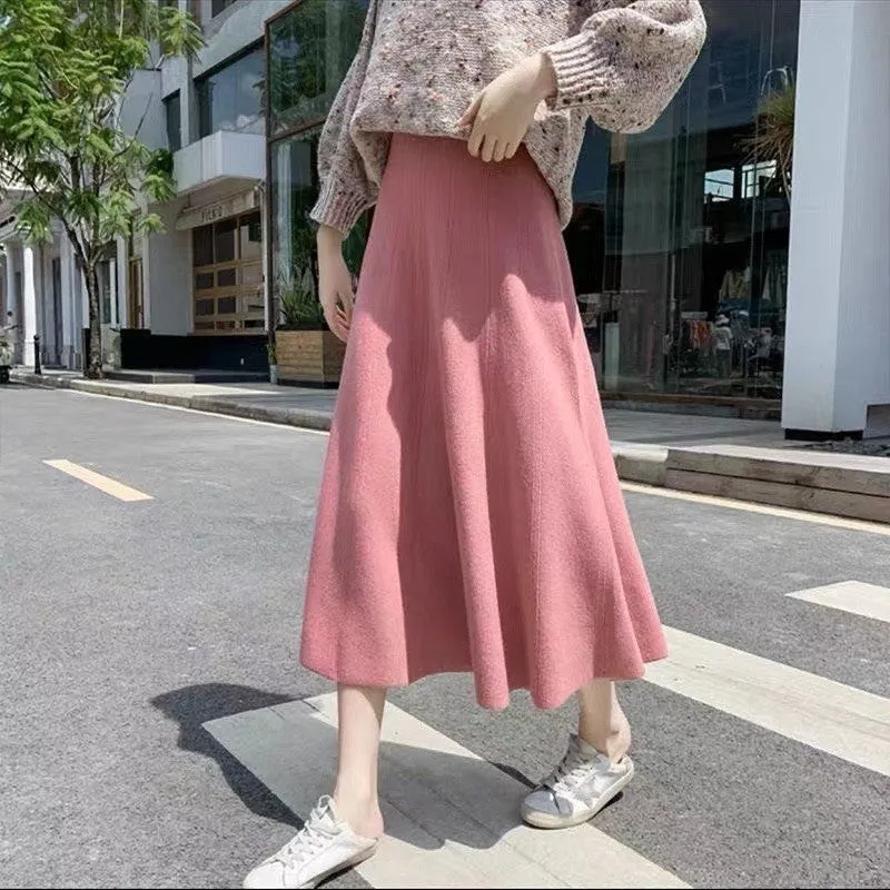 Solid Color High-Waisted A-Line Knit Midi Skirt