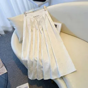 Solid Color Jacquard Button Pleated A-Line Skirt