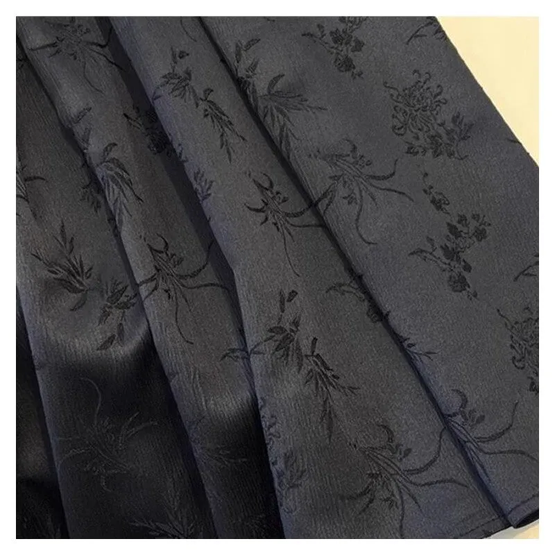 Solid Color Jacquard Button Pleated A-Line Skirt