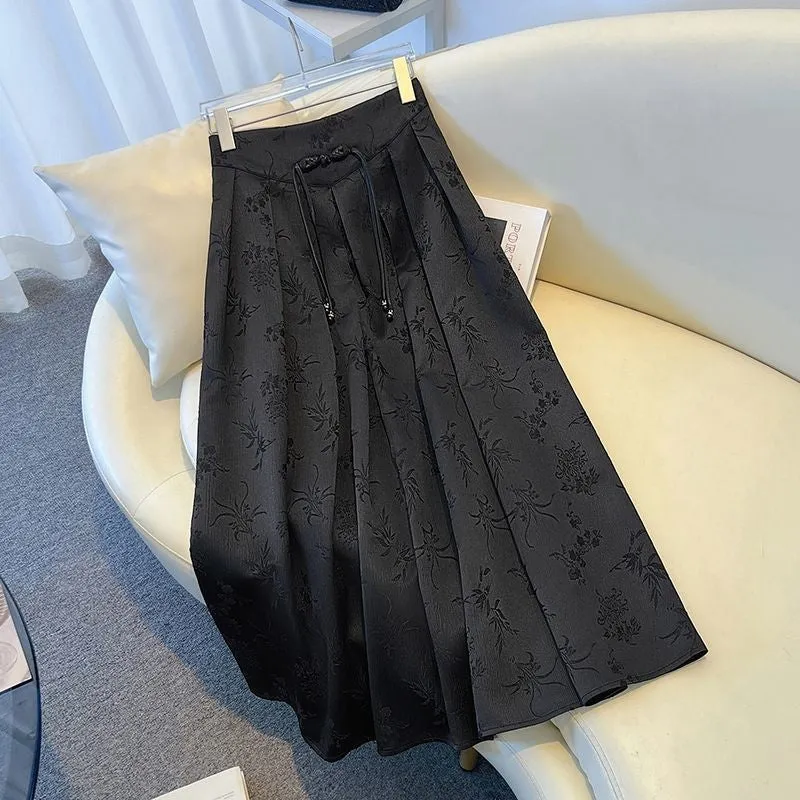 Solid Color Jacquard Button Pleated A-Line Skirt