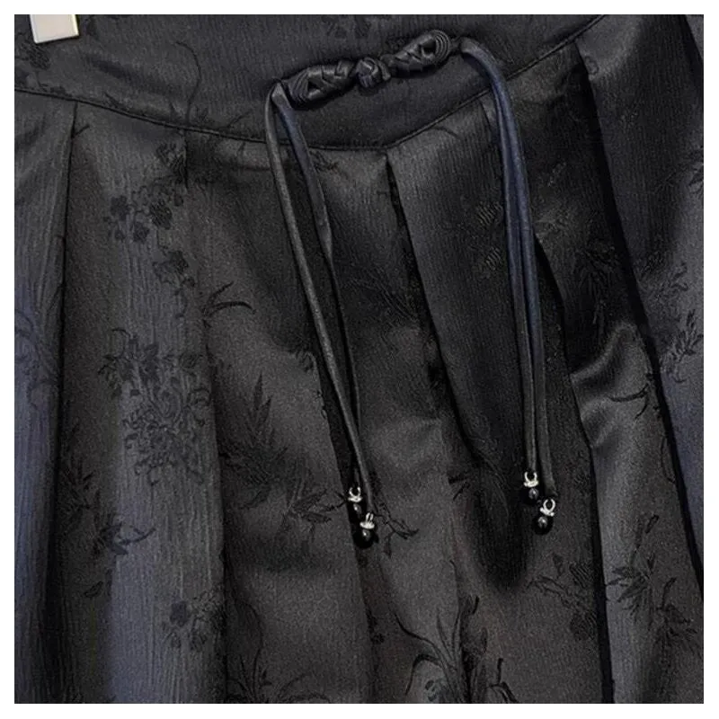 Solid Color Jacquard Button Pleated A-Line Skirt