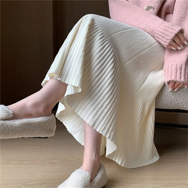 Solid Color Knitted Pleated High Waist Midi Skirt