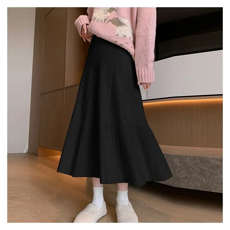 Solid Color Knitted Pleated High Waist Midi Skirt
