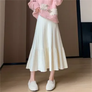 Solid Color Knitted Pleated High Waist Midi Skirt