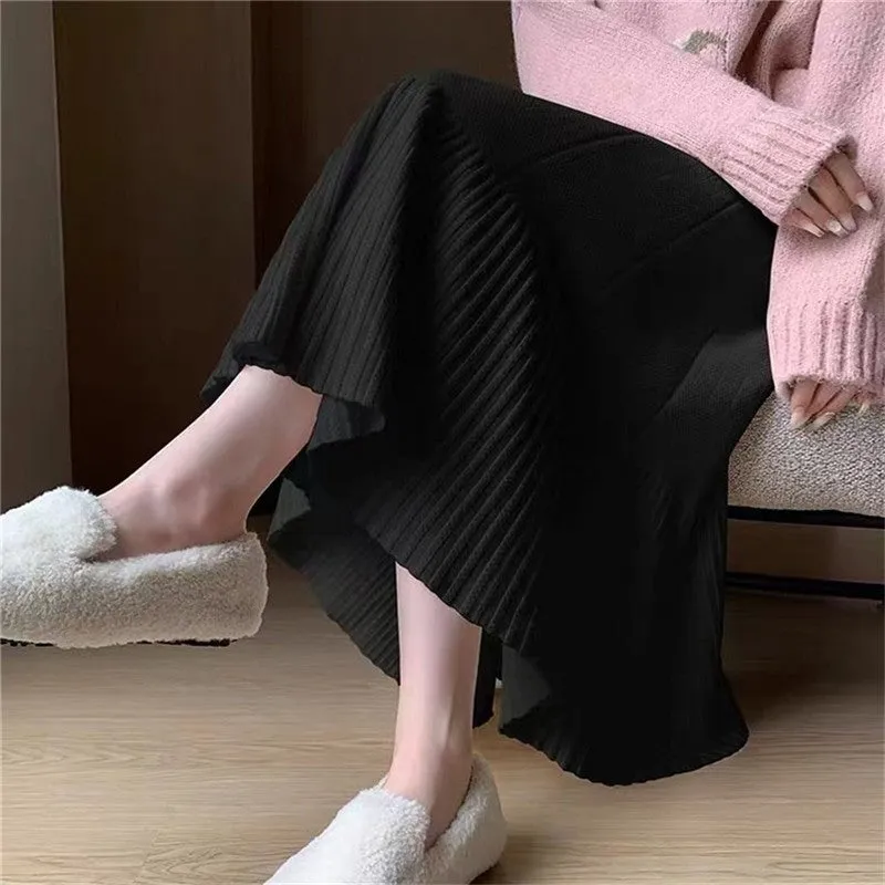 Solid Color Knitted Pleated High Waist Midi Skirt