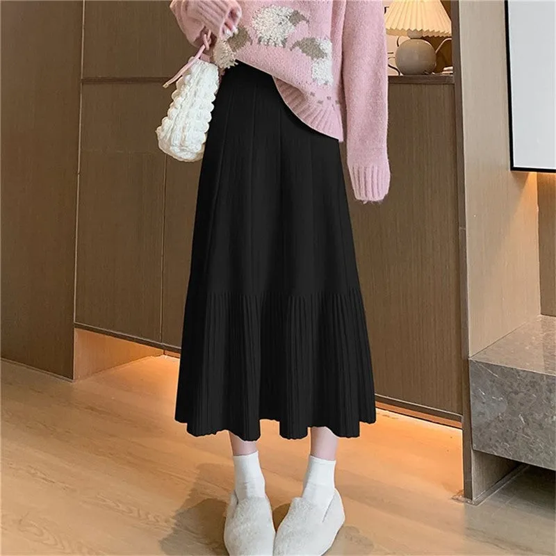 Solid Color Knitted Pleated High Waist Midi Skirt