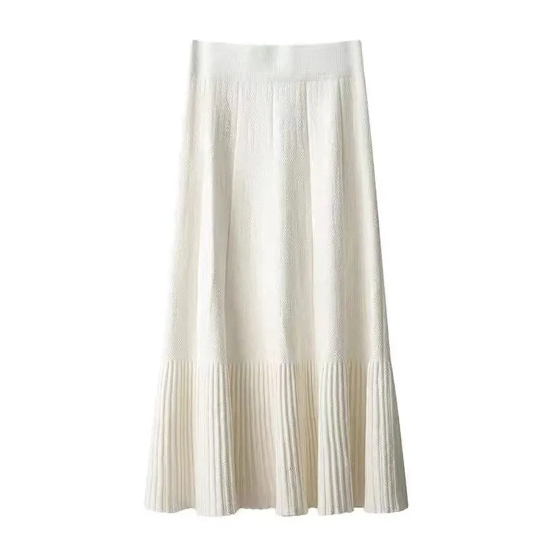 Solid Color Knitted Pleated High Waist Midi Skirt