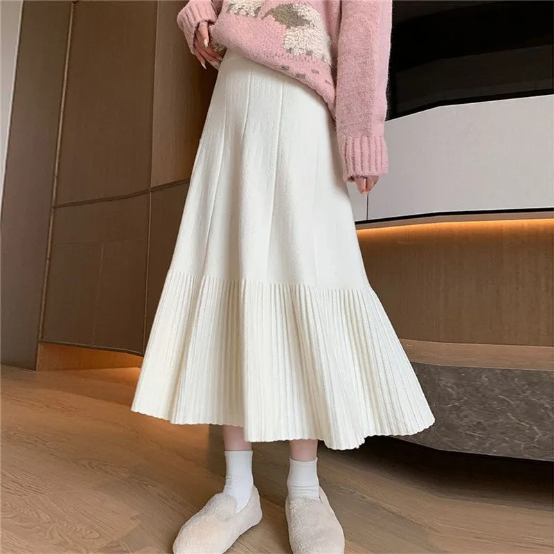 Solid Color Knitted Pleated High Waist Midi Skirt