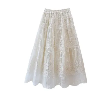 Solid Color Lace Embroidered Puffy A-Line Skirt