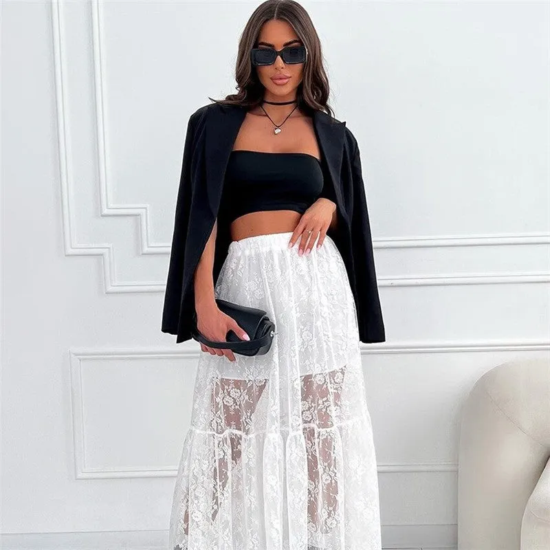 Solid Color Lace Perspective A-Line Midi Skirt