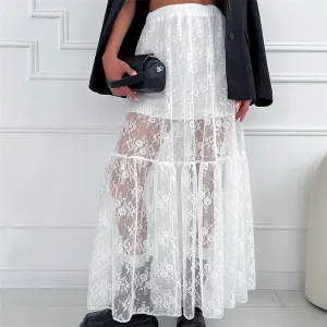 Solid Color Lace Perspective A-Line Midi Skirt