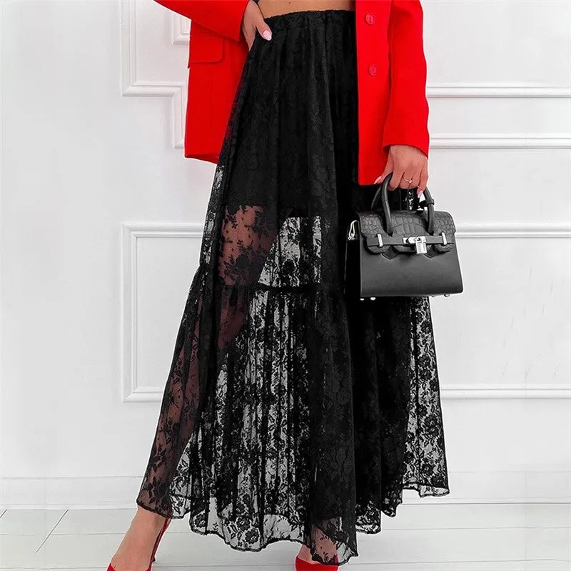 Solid Color Lace Perspective A-Line Midi Skirt
