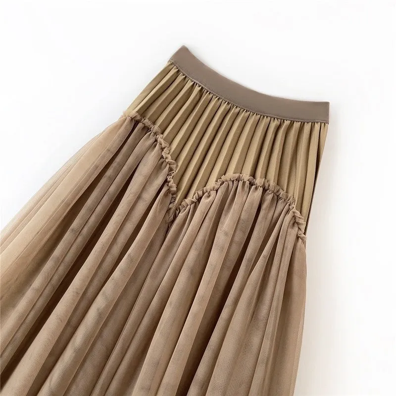 Solid Color Pleated Mesh Puff Skirt