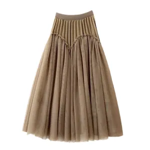 Solid Color Pleated Mesh Puff Skirt