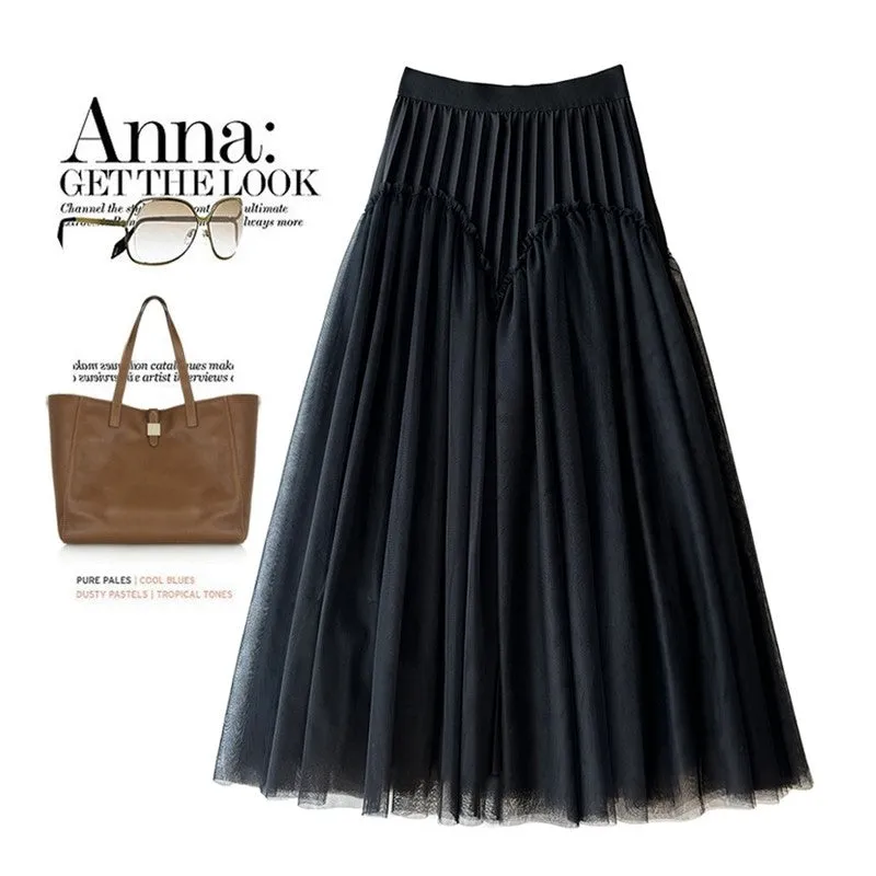 Solid Color Pleated Mesh Puff Skirt