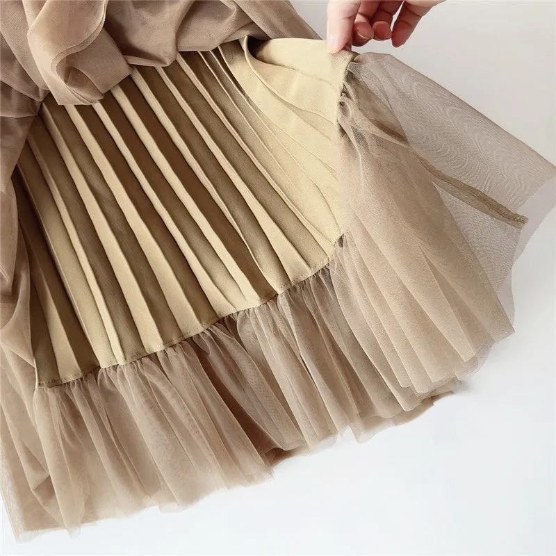 Solid Color Pleated Mesh Puff Skirt