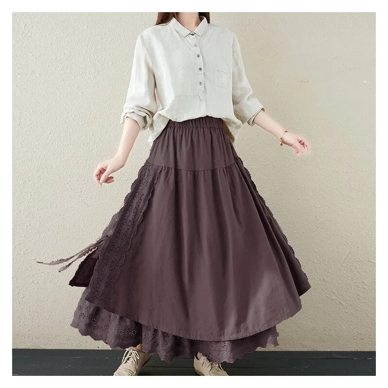 Solid Color Ribbon Embroidered Elastic Waist Half Skirt