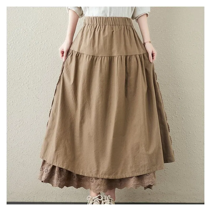 Solid Color Ribbon Embroidered Elastic Waist Half Skirt
