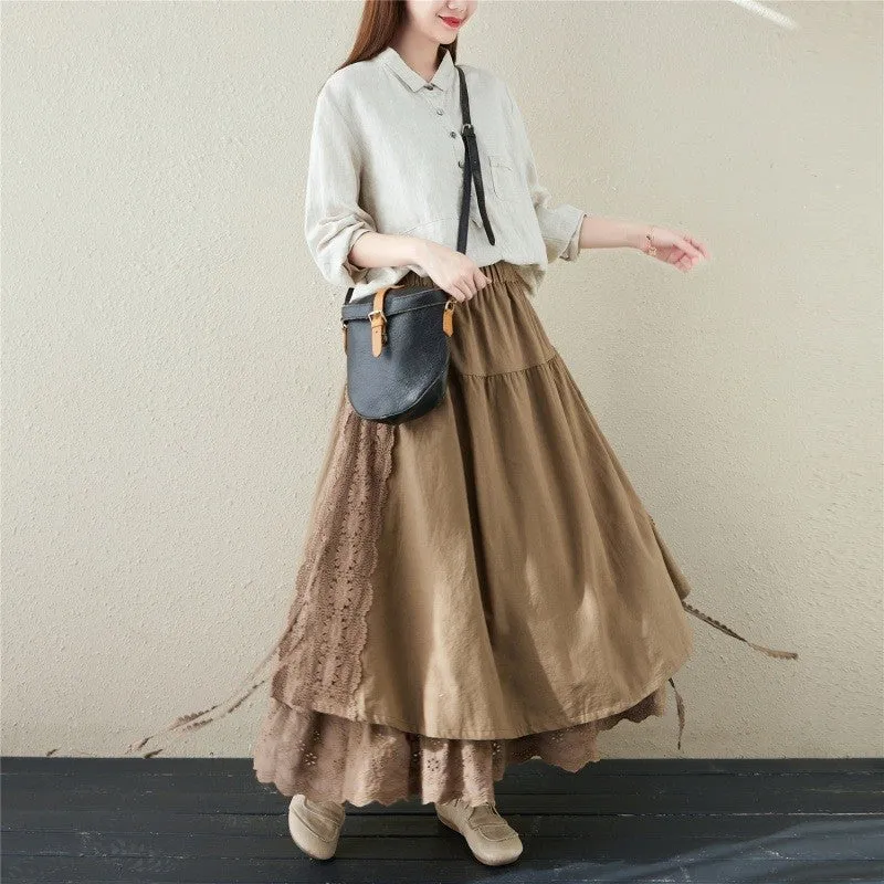 Solid Color Ribbon Embroidered Elastic Waist Half Skirt