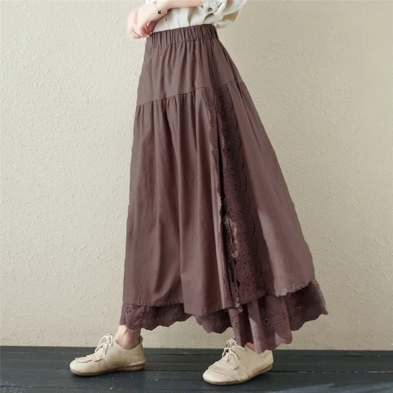 Solid Color Ribbon Embroidered Elastic Waist Half Skirt