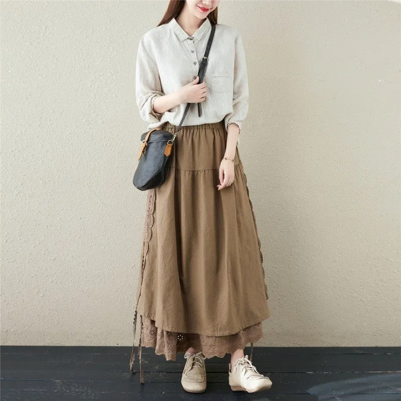 Solid Color Ribbon Embroidered Elastic Waist Half Skirt