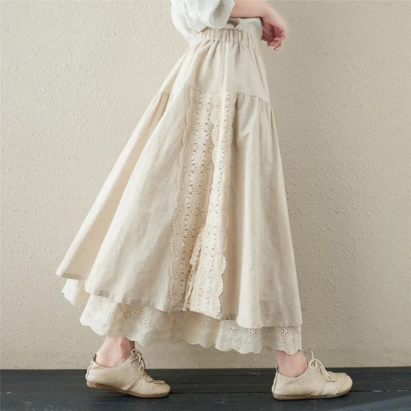 Solid Color Ribbon Embroidered Elastic Waist Half Skirt
