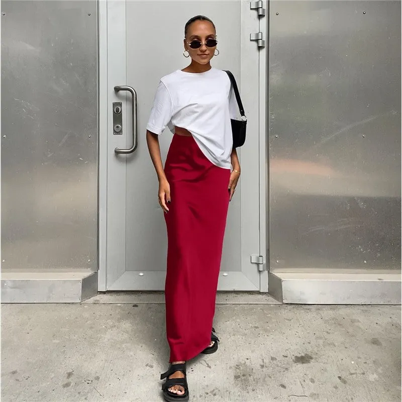 Solid Color Satin Draped Fishtail Halter Long Skirt