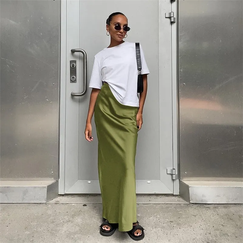 Solid Color Satin Draped Fishtail Halter Long Skirt