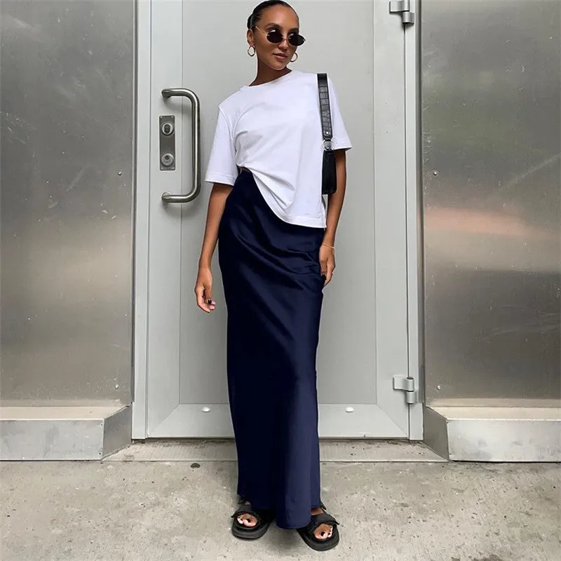 Solid Color Satin Draped Fishtail Halter Long Skirt
