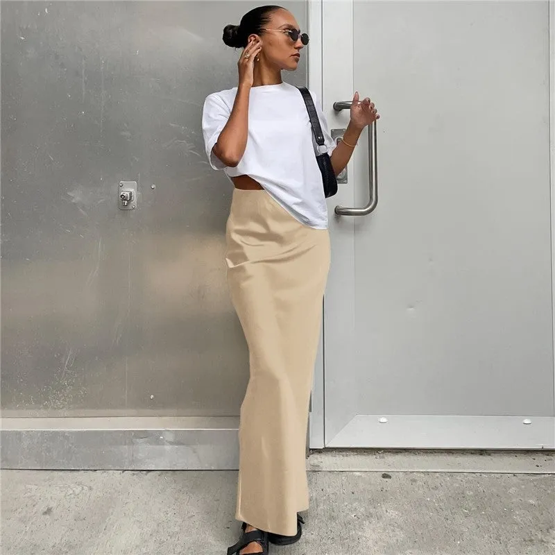 Solid Color Satin Draped Fishtail Halter Long Skirt