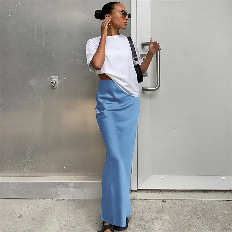 Solid Color Satin Draped Fishtail Halter Long Skirt