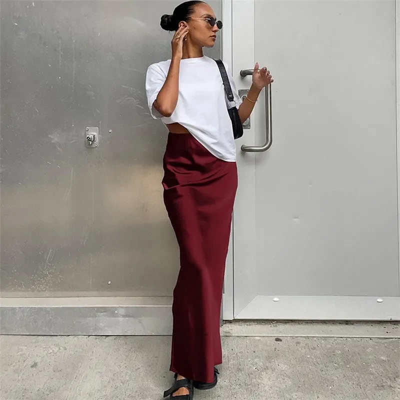 Solid Color Satin Draped Fishtail Halter Long Skirt