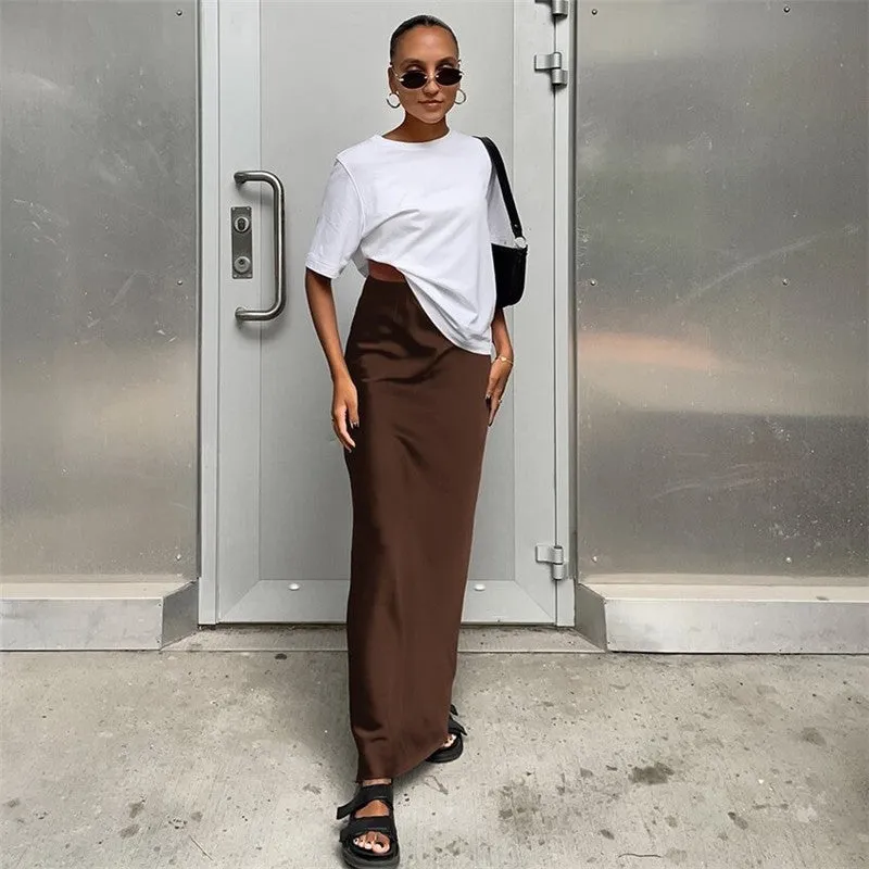 Solid Color Satin Draped Fishtail Halter Long Skirt