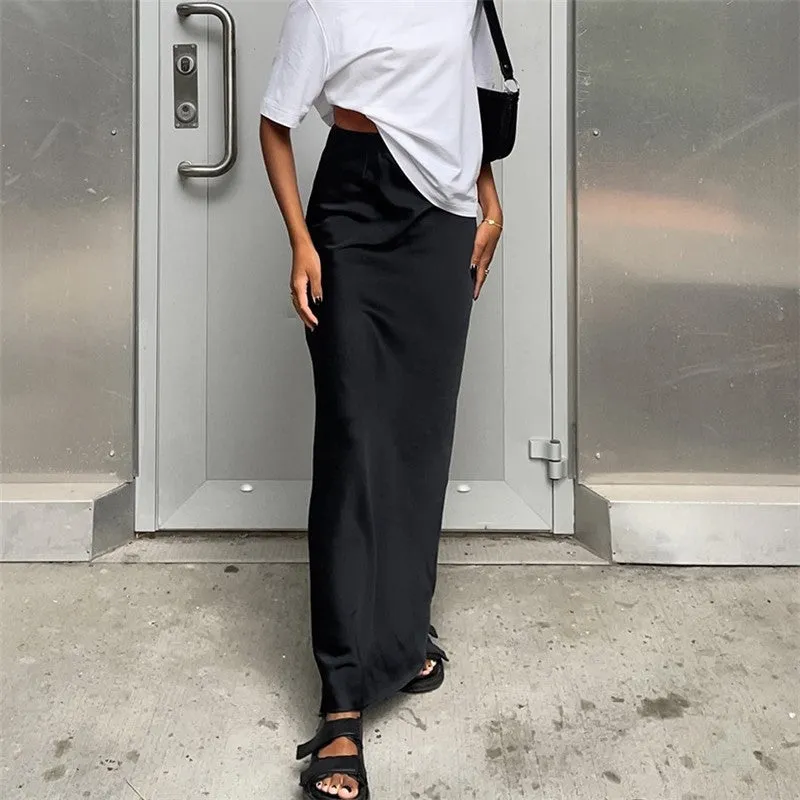 Solid Color Satin Draped Fishtail Halter Long Skirt