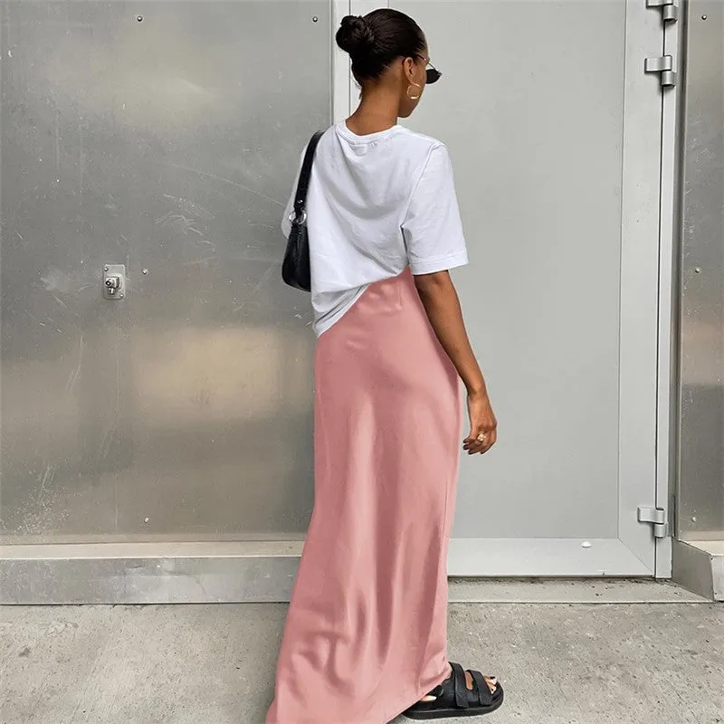 Solid Color Satin Draped Fishtail Halter Long Skirt
