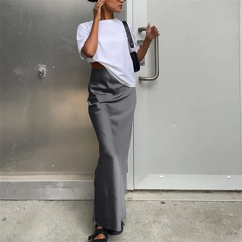 Solid Color Satin Draped Fishtail Halter Long Skirt