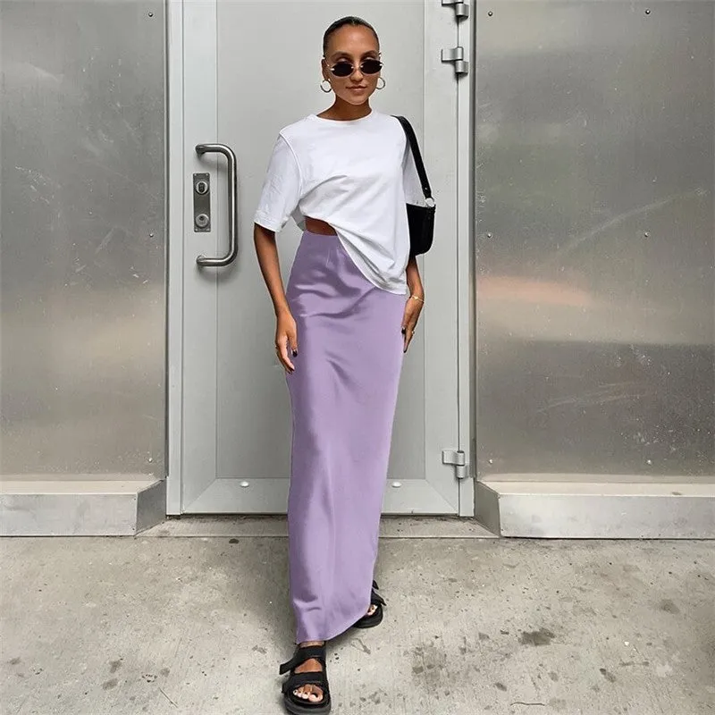 Solid Color Satin Draped Fishtail Halter Long Skirt