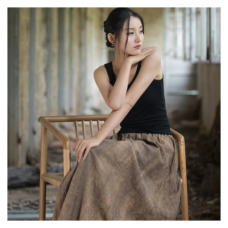 Solid Color Versatile Artistic Slim Elastic Waist Long Midi Skirt