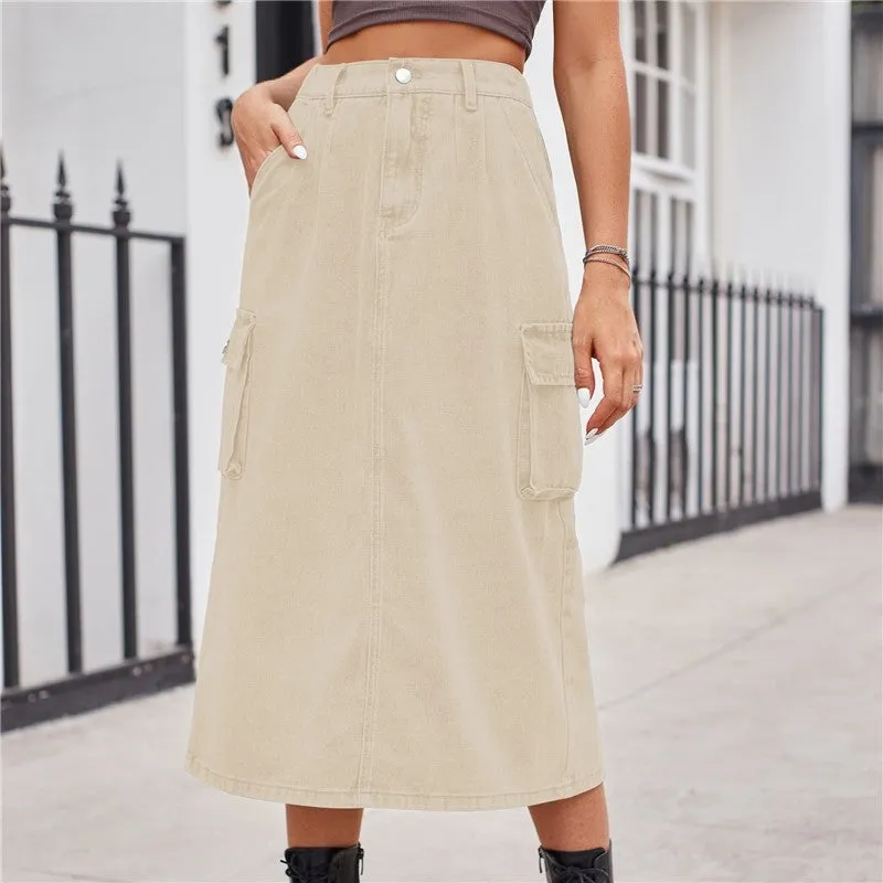 Solid Color Versatile Workwear Midi Denim Skirt
