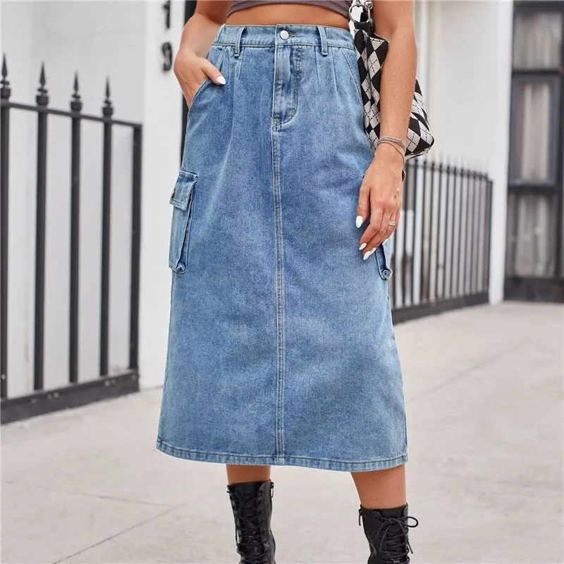 Solid Color Versatile Workwear Midi Denim Skirt