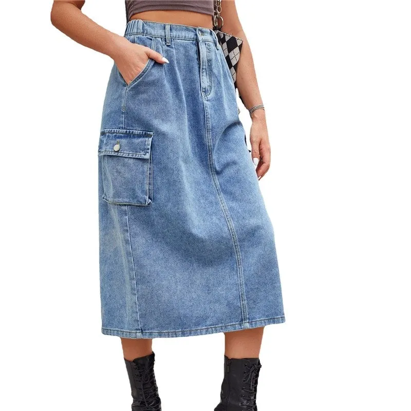 Solid Color Versatile Workwear Midi Denim Skirt