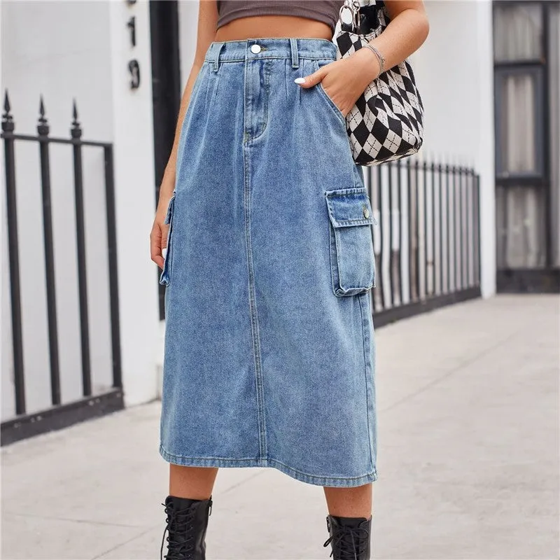 Solid Color Versatile Workwear Midi Denim Skirt