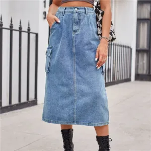Solid Color Versatile Workwear Midi Denim Skirt
