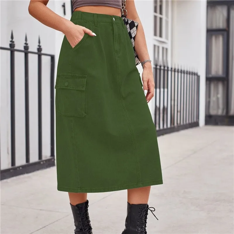 Solid Color Versatile Workwear Midi Denim Skirt