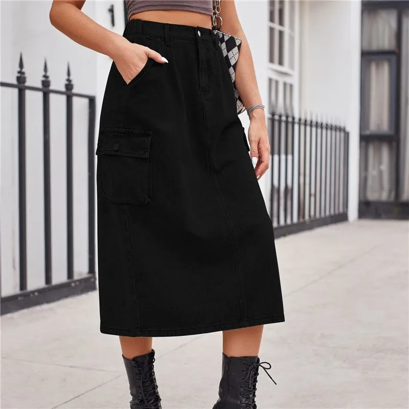 Solid Color Versatile Workwear Midi Denim Skirt