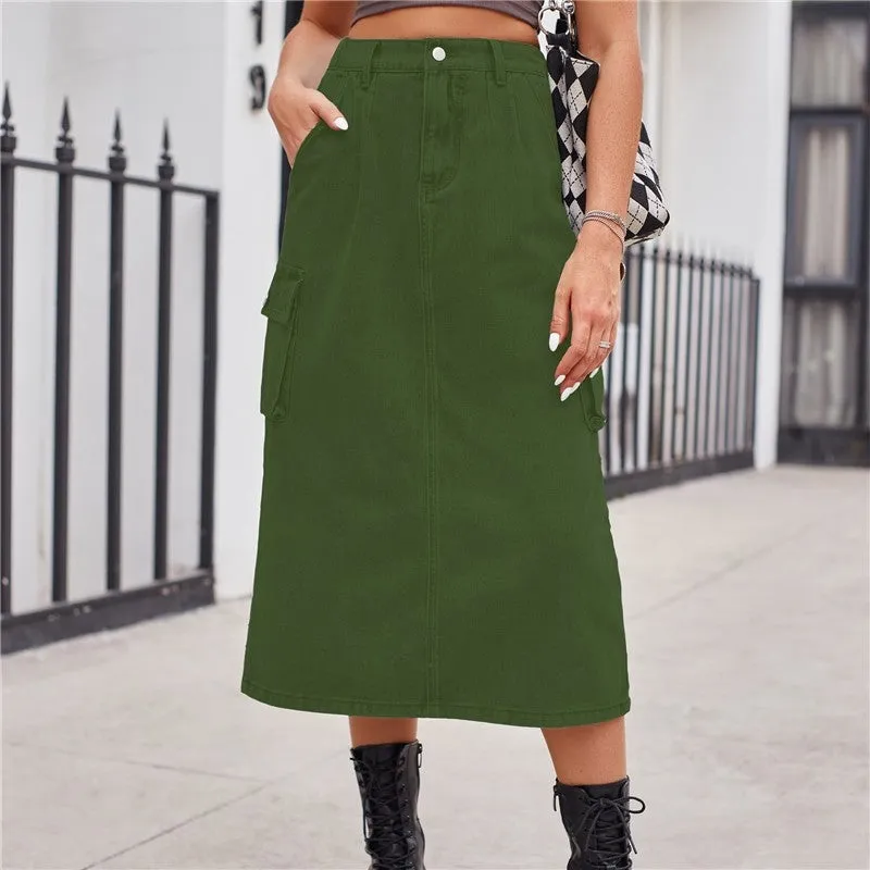 Solid Color Versatile Workwear Midi Denim Skirt